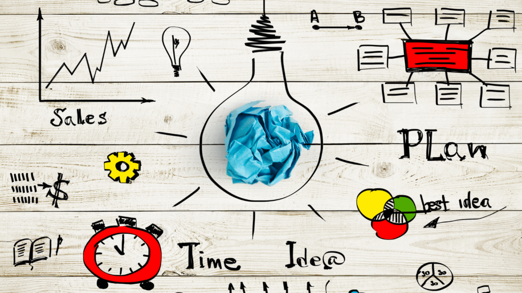 Graphic design of a light bulb and various random object s around it | Web Design & SEO Maryland