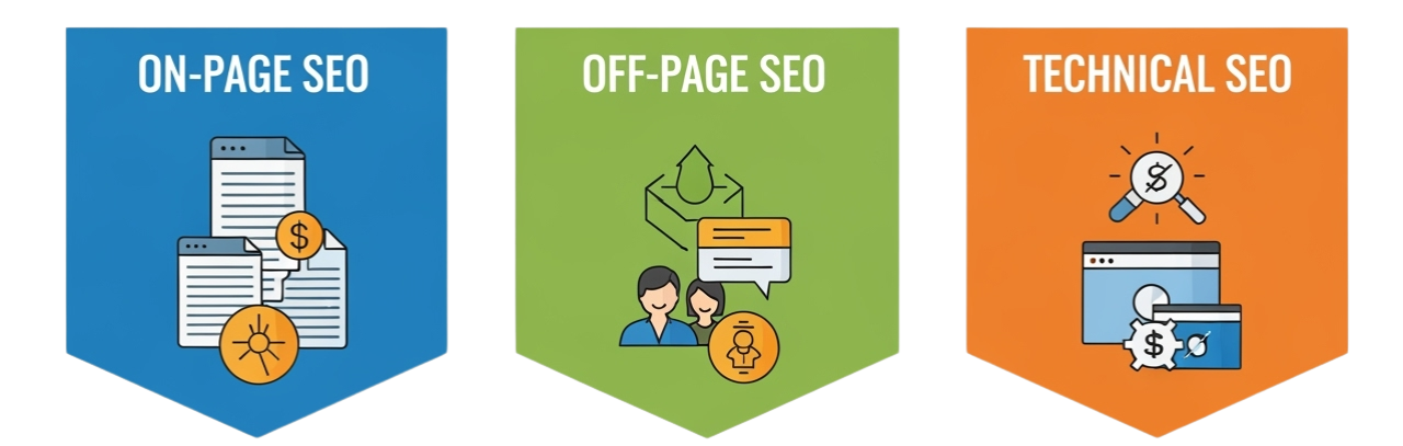 on-page seo, off-page seo, and technical seo displayed as banners to show three pillars of seo.